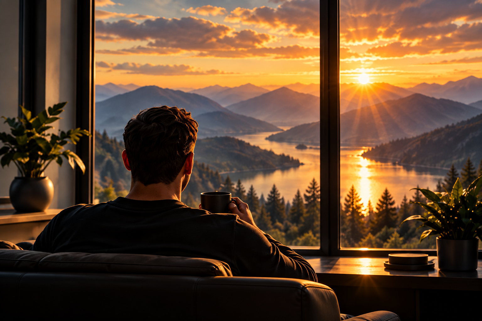 A man seated by a window looking toward a mountain lake at sunrise.