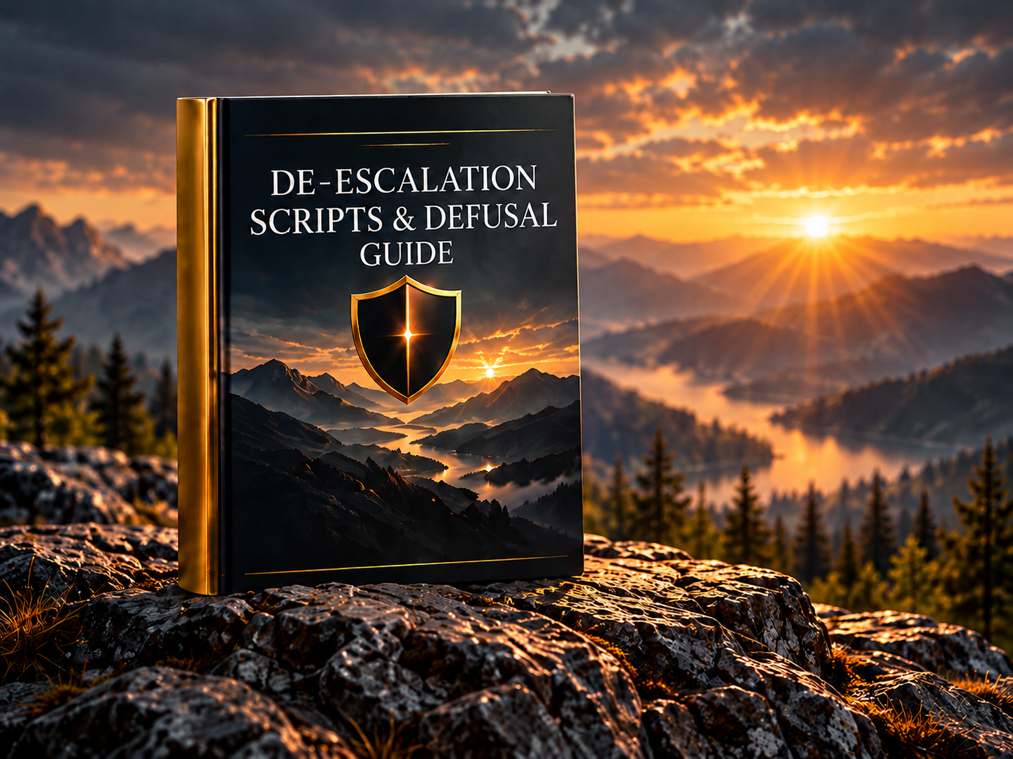 Digital De-Escalation Scripts & Defusal Guide cover mockup with a gold shield, standing on mountain rock at sunrise.