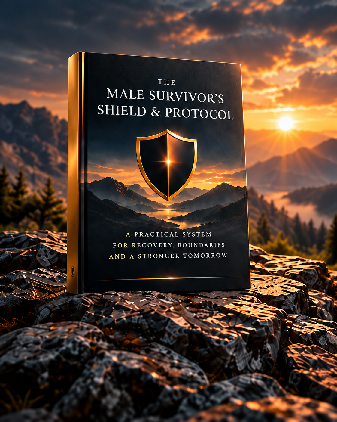Digital Male Survivor’s Shield & Protocol cover mockup with a gold shield, standing on rugged mountain rock at sunrise.