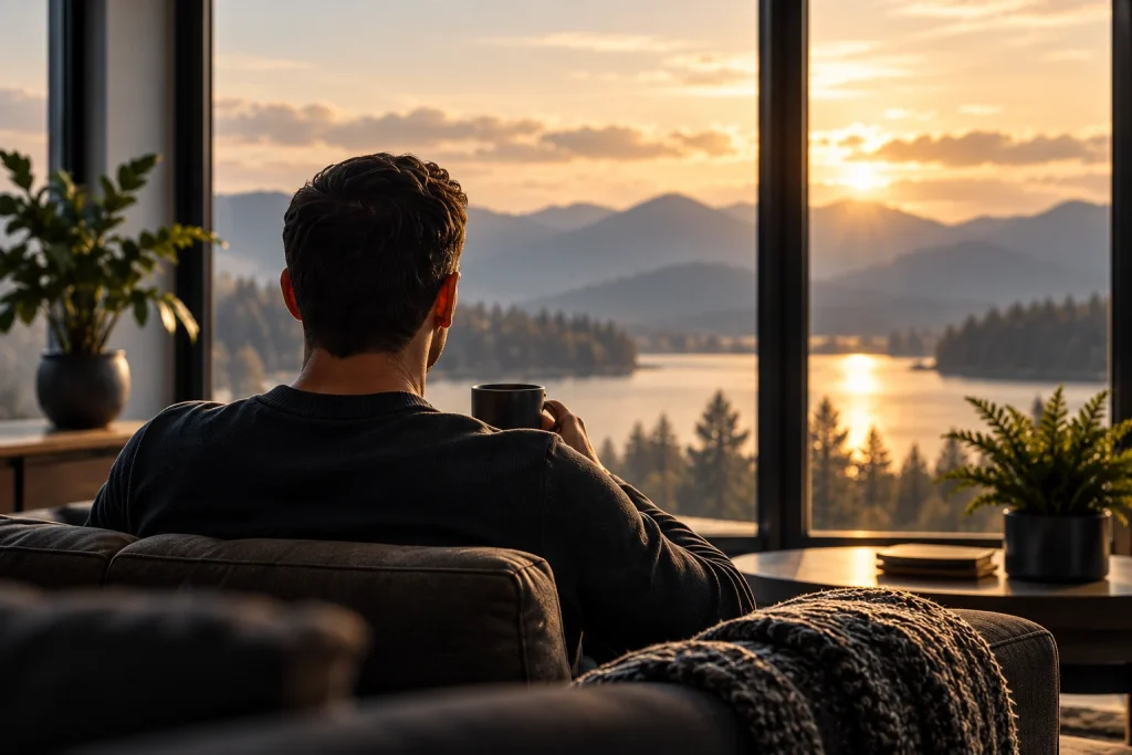 Man seated by a window looking toward a mountain lake at sunrise.